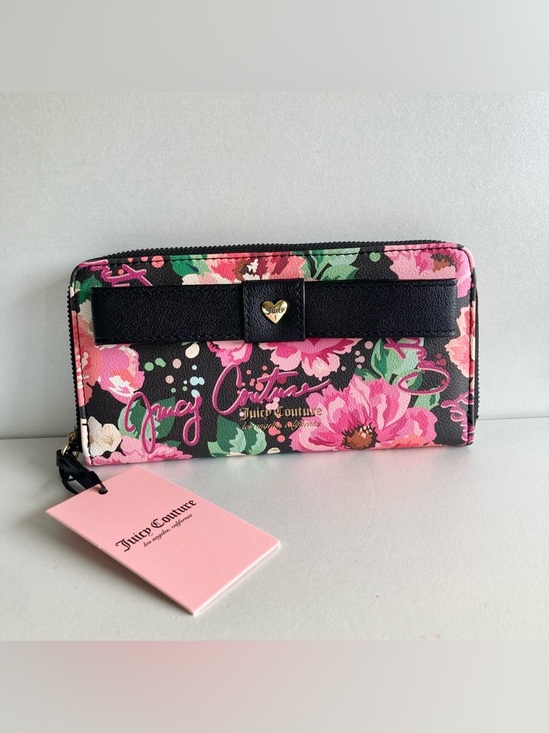 Juicy Couture Handbags - Juicy Couture Black Bow Zip Wallet with Pink & Green floral Accents